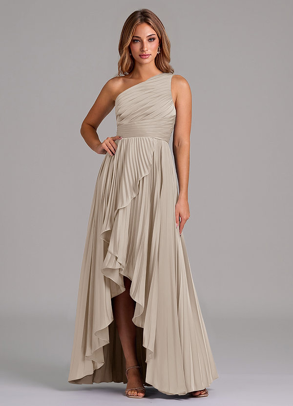 Azazie Lyrica Bridesmaid Dresses Frost A-Line One Shoulder Stretch Satin Dress image1