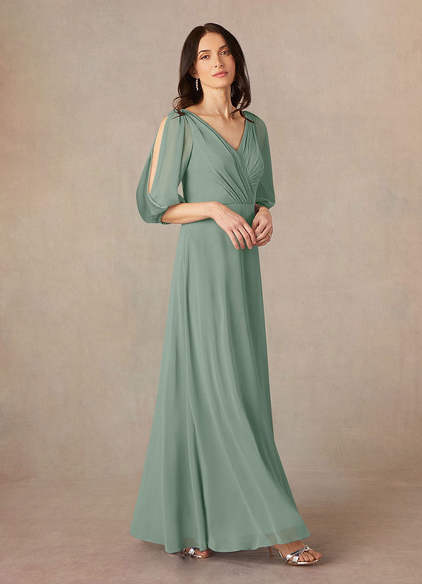Azazie Bronwyn Mother of the Brides Dresses Silver Sage A-Line V-Neck Ruched Chiffon Dress image1