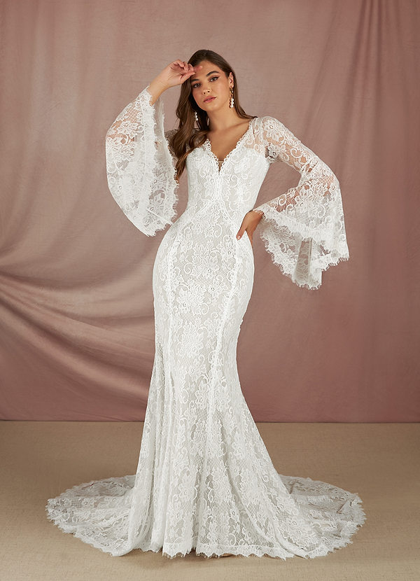 Azazie Hayes Wedding Dresses Mermaid V-Neck Lace Chapel Train Dress image1