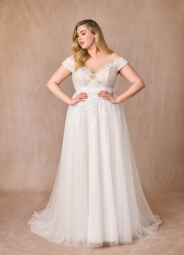 Azazie Cindy Wedding Dresses A-Line Illusion Off-The-Shouler Lace Tulle Chapel Train Dress image1