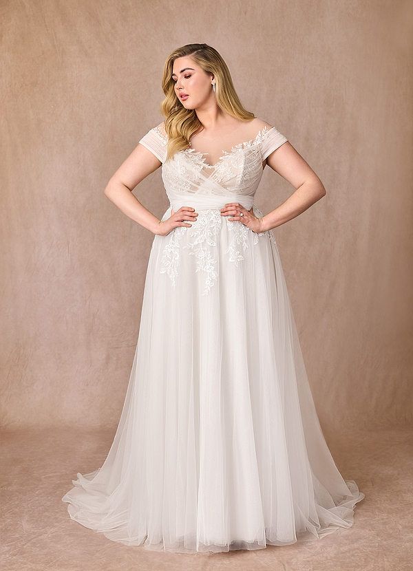 Azazie Cindy Wedding Dresses Diamond White A-Line Illusion Off-The-Shouler Lace Tulle Dress image1