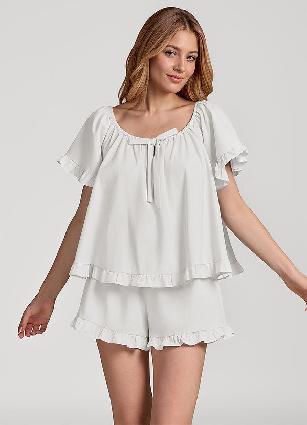 front Alabaster Weiß Kurzarm-Baumwollpyjama-Set mit Rüschen und Schleife