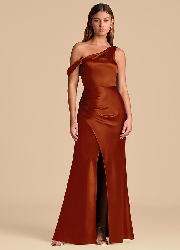 Azazie Madelyn 신부 들러리 드레스 인어 오프 더 숄더 메탈릭 새틴 바닥 길이 드레스 image1