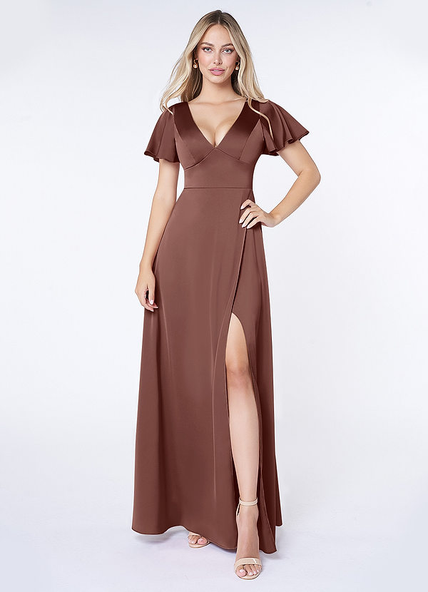 Azazie Lani Bridesmaid Dresses Espresso A-Line Flounce Sleeve Stretch Satin Dress image1