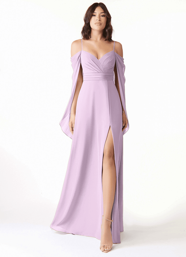 Azazie Cienna Brautjungfernkleider A-Linie Langarm Chiffon Kleid Frostiges Flieder image1