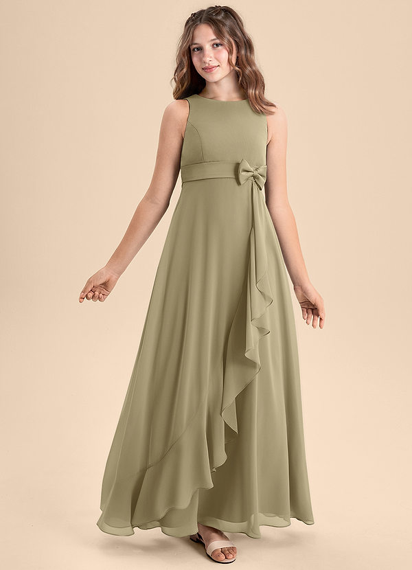 Azazie Lilenne Junior Abito A-Line in Chiffon Fiocco Verde Muschio image1