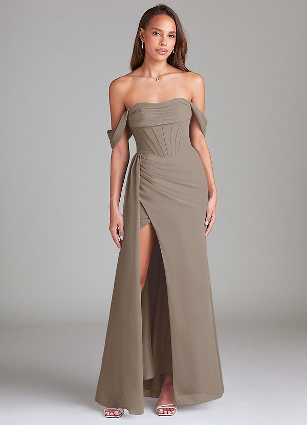 Azazie Amyra Bridesmaid Dresses Taupe Sheath Off the Shoulder Chiffon Convertible Dress image1