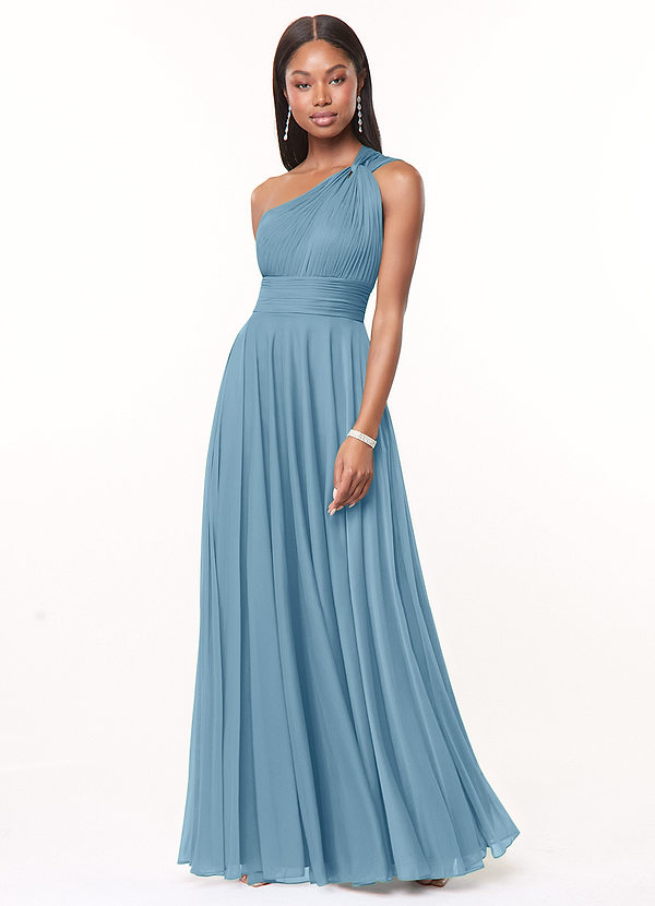 Azazie Charlize Robes Demoiselle d'honneur Robe Trapèze en Maille Ue épaule Acier Bleuté image1