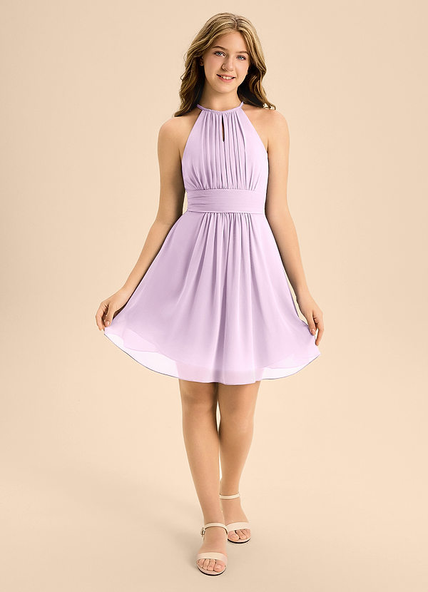 Azazie Bonnie Junior A-Linie Plissee Chiffon Kleid Frostiges Flieder image1