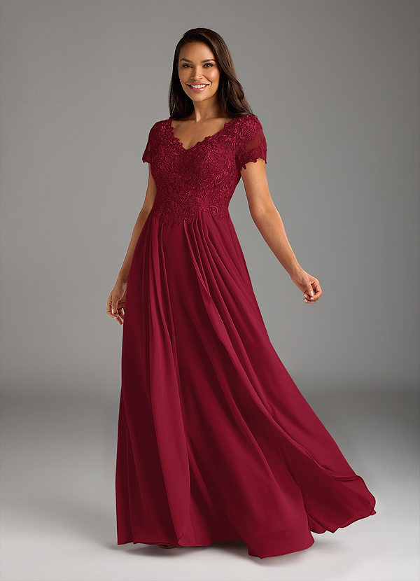 Azazie Dunja Mother of the Brides Dresses Burgundy A-Line V-Neck Lace Chiffon Dress image1