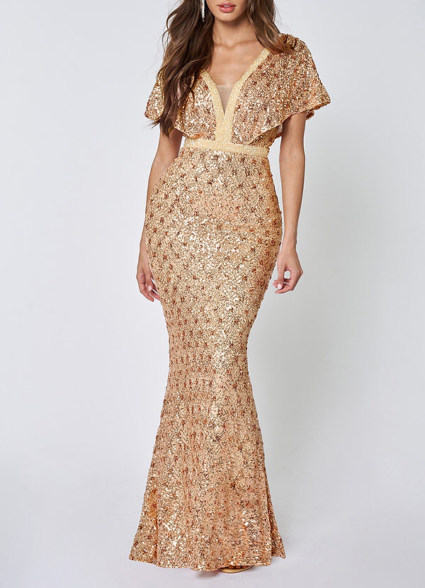 front Glam Sweetheart Champagne Sequin Maxi Dress