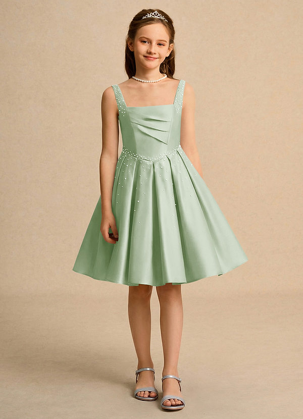 Azazie Jello Bloemenmeisjes Jurken Baljurk Jurk van Mat Satijn Geplooid Stoffige Salie image1