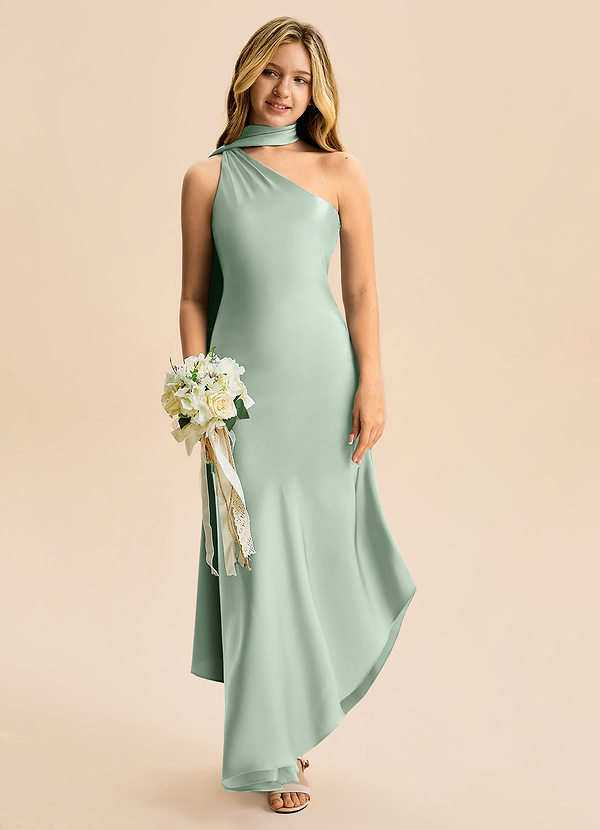 Azazie Briony Junior Agave Sheath Pleated Stretch Satin Dress image1