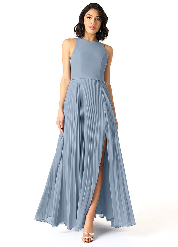 Azazie Lindie Bridesmaid Dresses Dusty Blue A-Line Scoop Pleated Chiffon Dress image1
