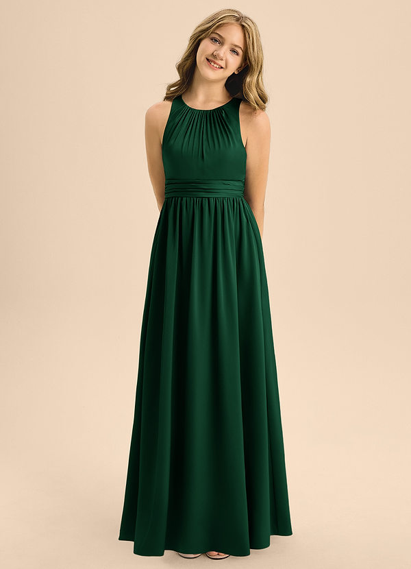 Azazie Jaylah Junior Robe Trapèze en Satin extensible Plissé Vert Foncé image1