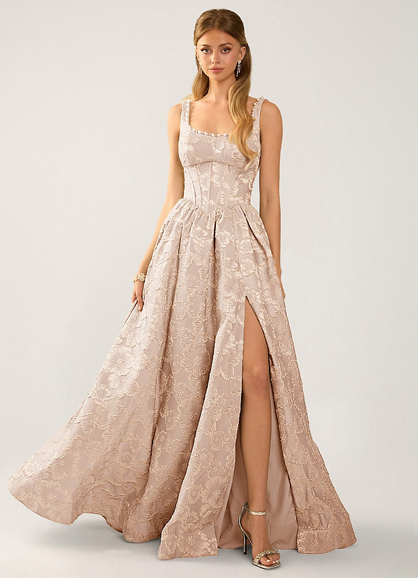 Cimaya Gilded Cream Square-Neck Jacquard Prom Dress image1