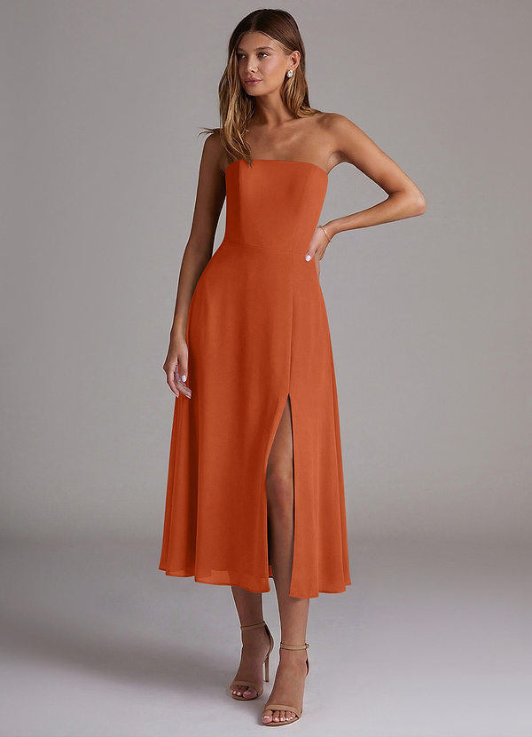 Azazie Wren 신부 들러리 드레스 A라인 스트랩리스 쉬폰 티 길이 드레스 image1