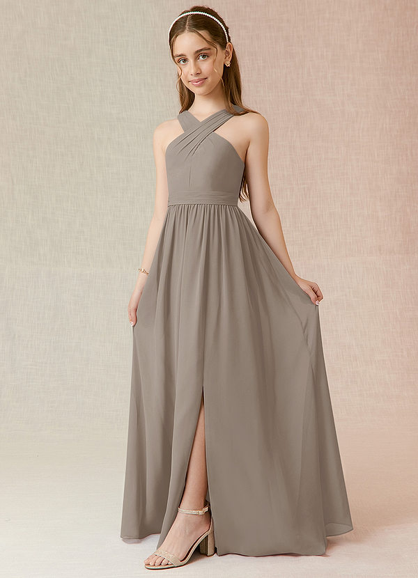 Azazie Jiya Junior Abito A-Line in Chiffon Plissettato Taupe image1