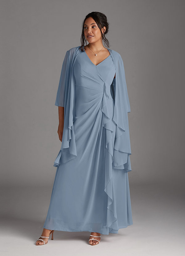 Azazie Manuella Mother of the Brides Dresses Dusty Blue A-Line V-Neck Pleated Chiffon Dress image1