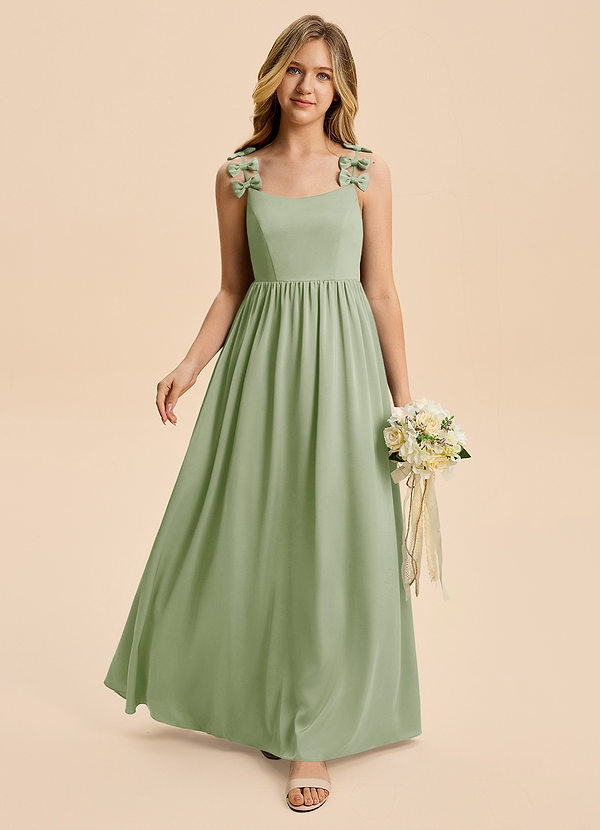 Azazie Poppy Junior Dusty Sage A-Line Pleated Stretch Satin Dress image1