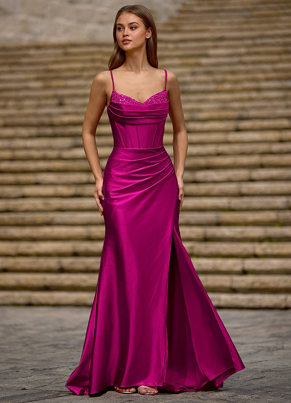 Glow Rose Column Cowl Neck Sleeveless Sweep Train Silk like Satin Prom Dress with Beading Pleated Split image1