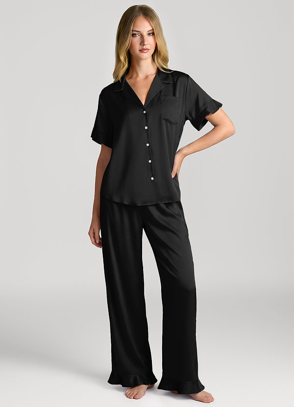 front Negro Conjunto de pijama de pantalón largo con mangas cortas y volantes a juego.