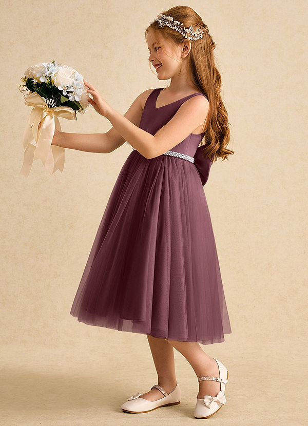 Azazie Firefly Vestidos de Niña de Flores Vestido de Sangrado de Satin Mate de Corte En A con Lazo image1