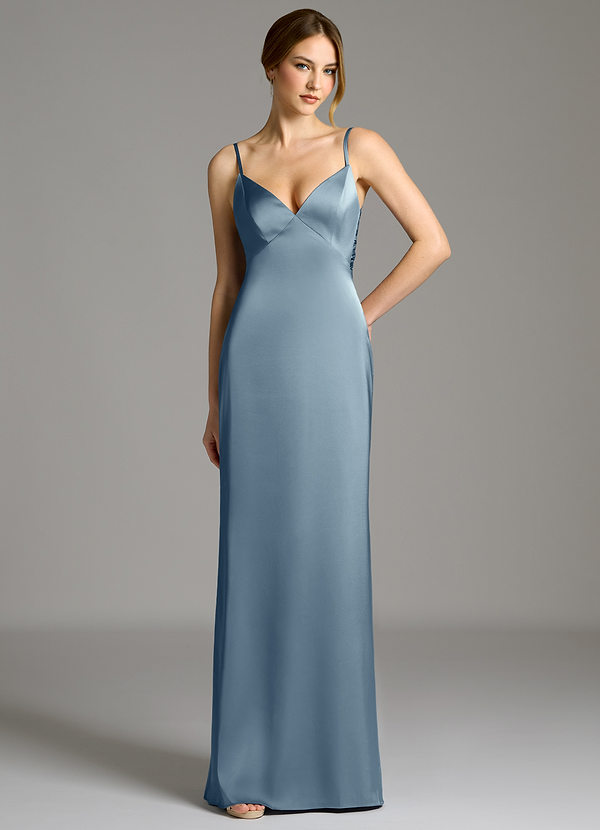 Azazie Adriane Bridesmaid Dresses Dusty Blue Sheath Bow Stretch Satin Dress image1