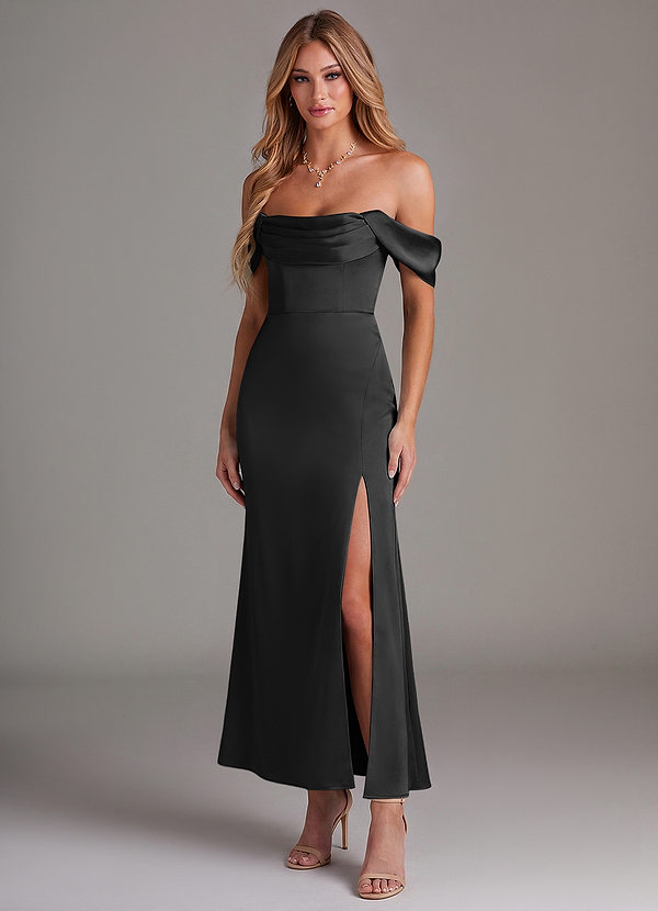 Azazie Saige Bridesmaid Dresses Black Mermaid Off the Shoulder Stretch Satin Dress image1