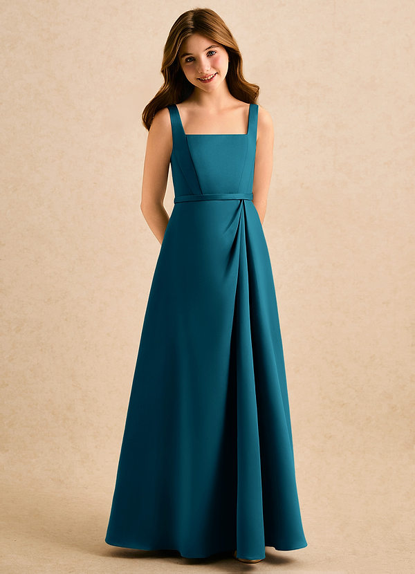 Azazie Emiko Girls Formal Abiti da Damigella Bambina Abito A-Line in Raso Opaco Plissettato Blu Inchiostro image1