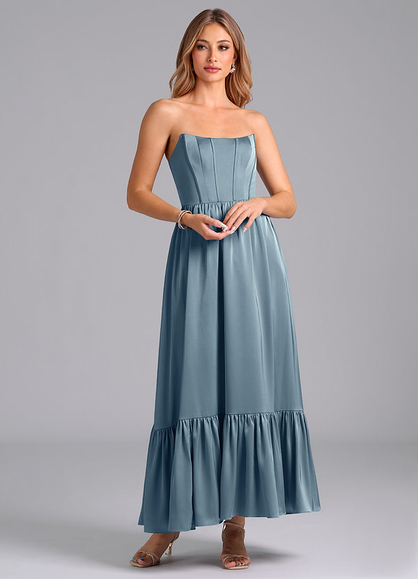 Azazie Leilana Robes Demoiselle d'honneur Robe Trapèze en Satin extensible Corset Bleu Poussiéreux image1