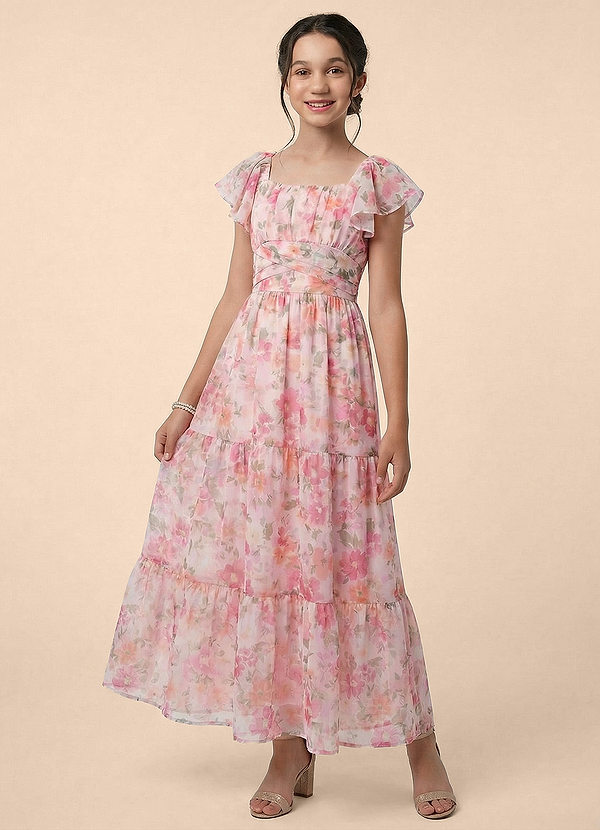 Azazie Elodie Junior Formal Jurk van Chiffon met A-Lijn Ruches Blush Oogschaduw Bloemen image1