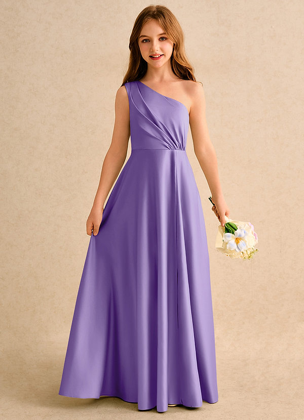 Azazie Puddles Girls Formal Flower Girl Dresses Tahiti A-Line One Shoulder Matte Satin Dress image1