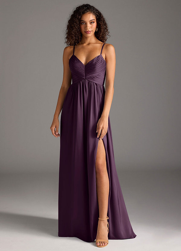 Azazie Alia Robes Demoiselle d'honneur Robe Trapèze en Satin extensible Plissée Prune image1