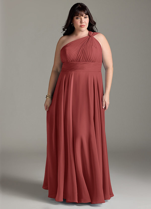 Azazie Charlize Robes de demoiselle d'honneur Robe Trapèze en Mousseline de soie Asymétrique Terracotta image1