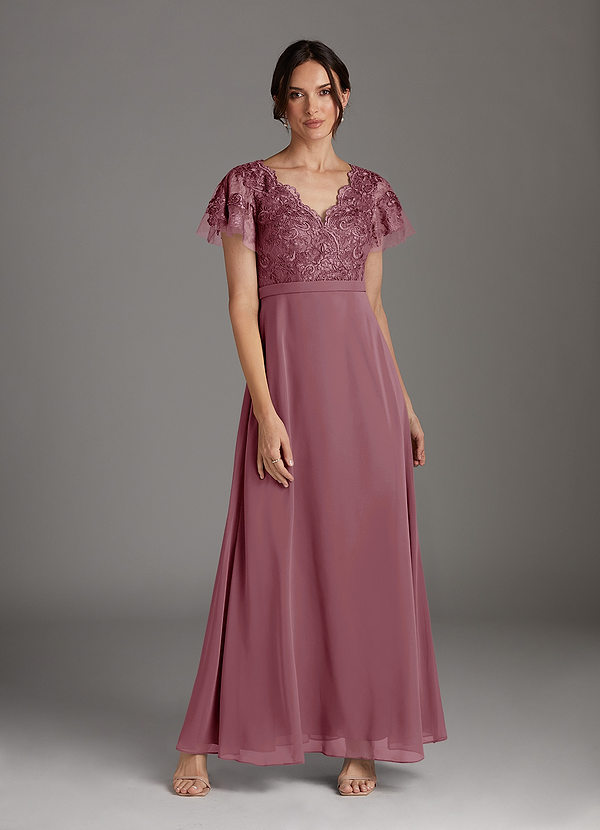 Azazie Singer Mother of the Brides Dresses Vintage Mauve A-Line V-Neck Lace Chiffon Dress image1