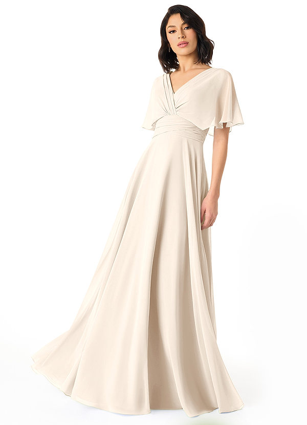 Azazie Pamela Robes de demoiselle d'honneur Robe Trapèze en Mousseline de soie Col V plissé Albâtre Blanc image1