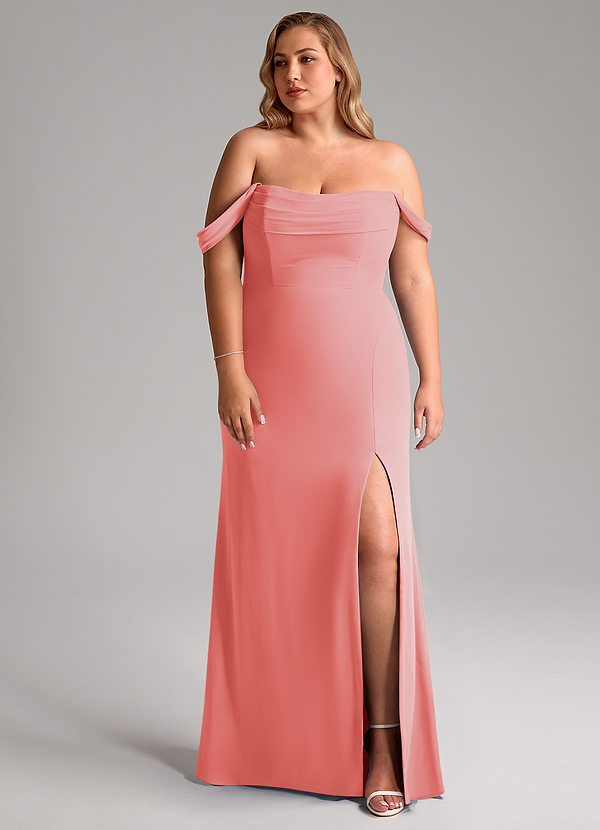 Azazie Saige Bridesmaid Dresses Coral A-Line Off the Shoulder Chiffon Convertible Dress image1