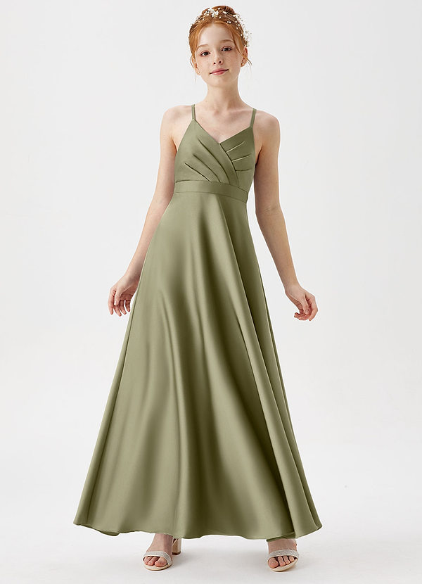 Azazie Avelina Junior A-Linie Plissee Stretch-Satin Kleid Pistazie image1