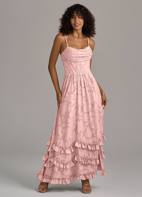 Azazie Lettie Robes de demoiselle d'honneur Robe Trapèze en Blumen-Burnout Corset Rose Poudré image1