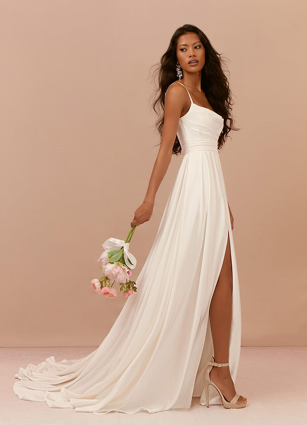 Azazie Caymus Wedding Dresses A-Line Scoop Pleated Crepe back satin Chapel Train Dress image1