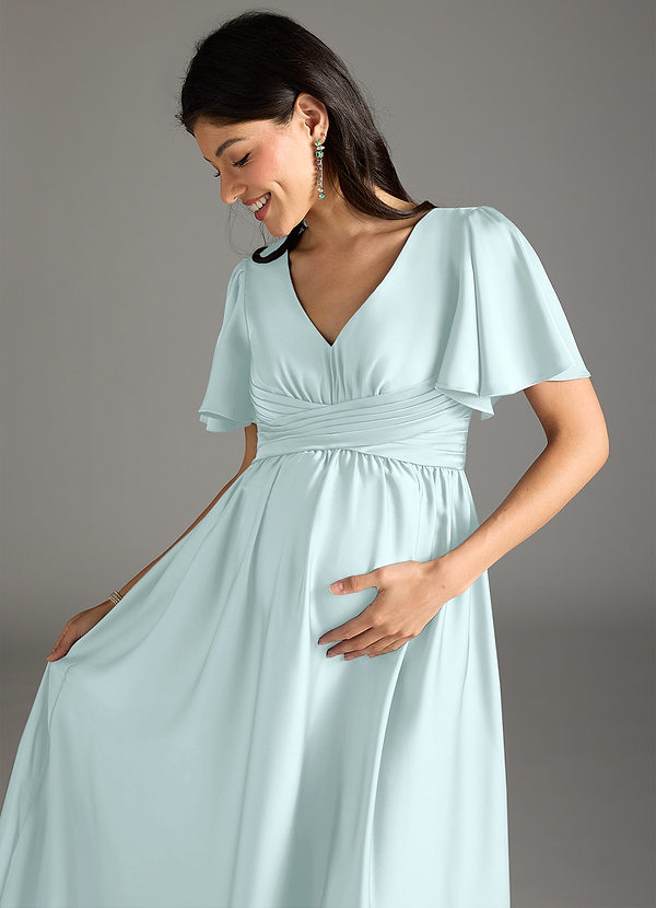Azazie Verna Maternity Bridesmaid Dresses A-Line Ruched Stretch Satin Floor-Length Dress image1