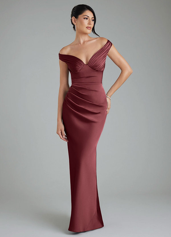 Azazie Stella Bridesmaid Dresses Merlot Sheath Corset Stretch Satin Convertible Dress image1