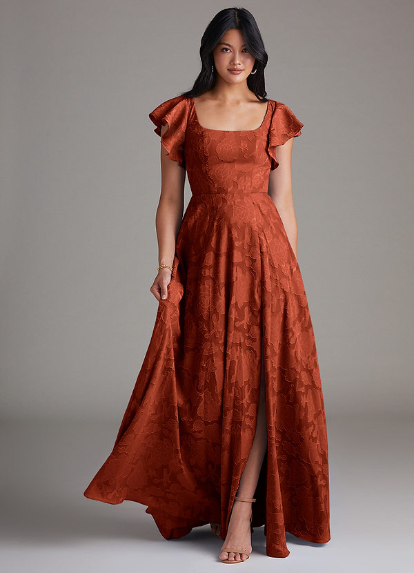 Azazie Bondi Bridesmaid Dresses Auburn A-Line Side Slit Floral Burnout Dress image1