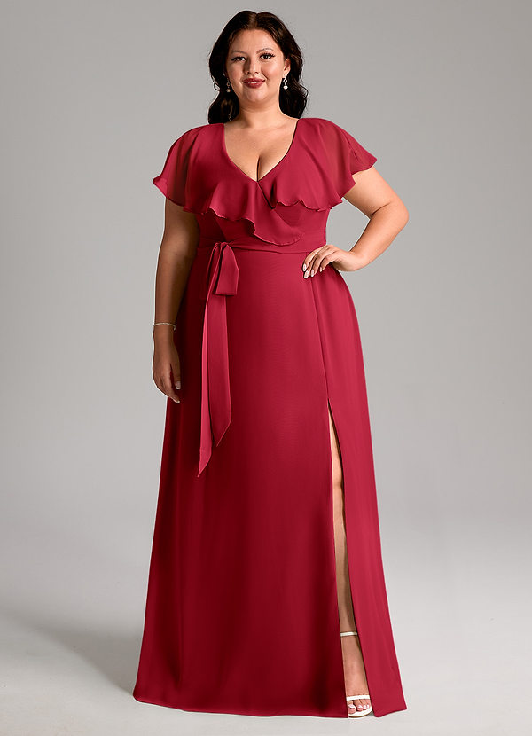 Azazie Lainey Bruidsmeisjes Jurken Jurk van Chiffon met A-Lijn met Zakken Scharlaken image1