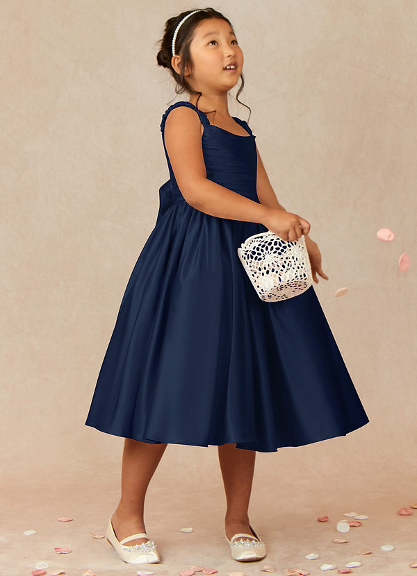 Azazie Cutie Pie Flower Girl Dresses Dark Navy A-Line Pleated Matte Satin Dress image1