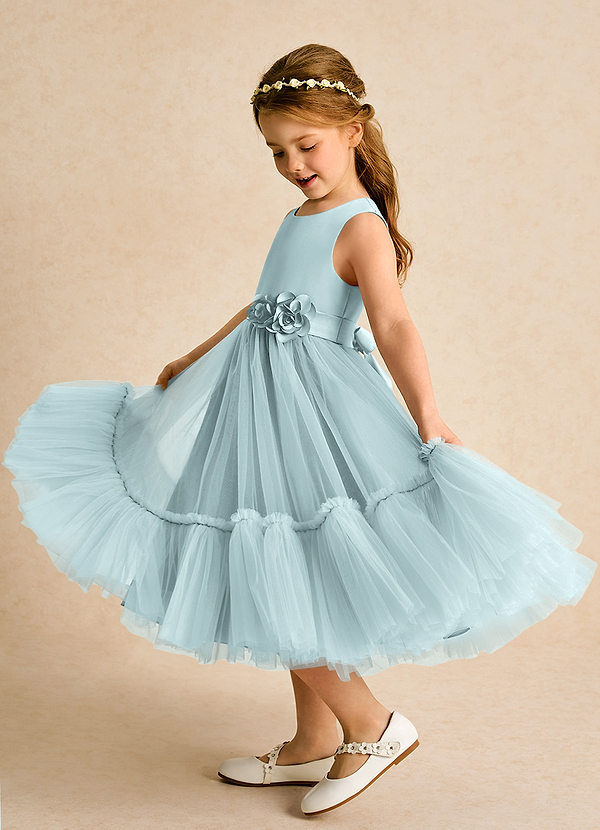 Azazie Miracle Robes de Fillette d'Honneur Robe Trapèze en Mat Satiné Arc Brume image1