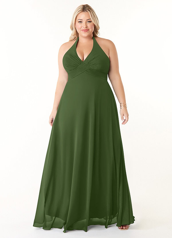 Azazie Tessie Vestidos Dama de Honor Vestido de Oliva de Gasa de Corte en A con Cuello en V plisado image1