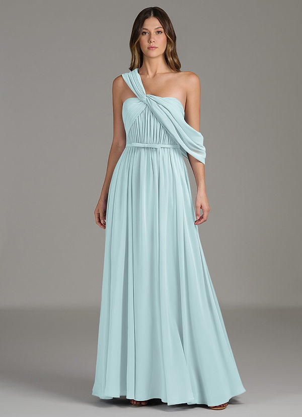 Azazie Nyah Bridesmaid Dresses Mist A-Line Off the Shoulder Chiffon Dress image1