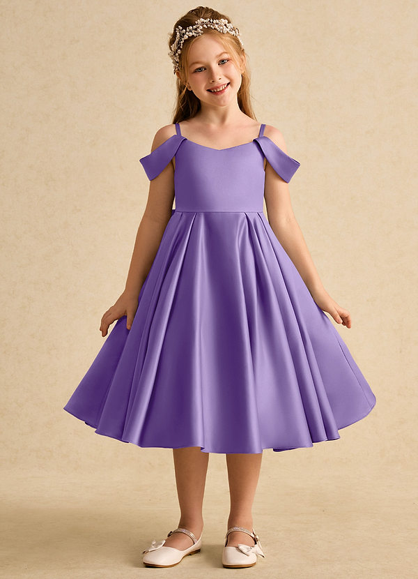 Azazie Favia Flower Girl Dresses Tahiti A-Line Off the Shoulder Matte Satin Dress image1